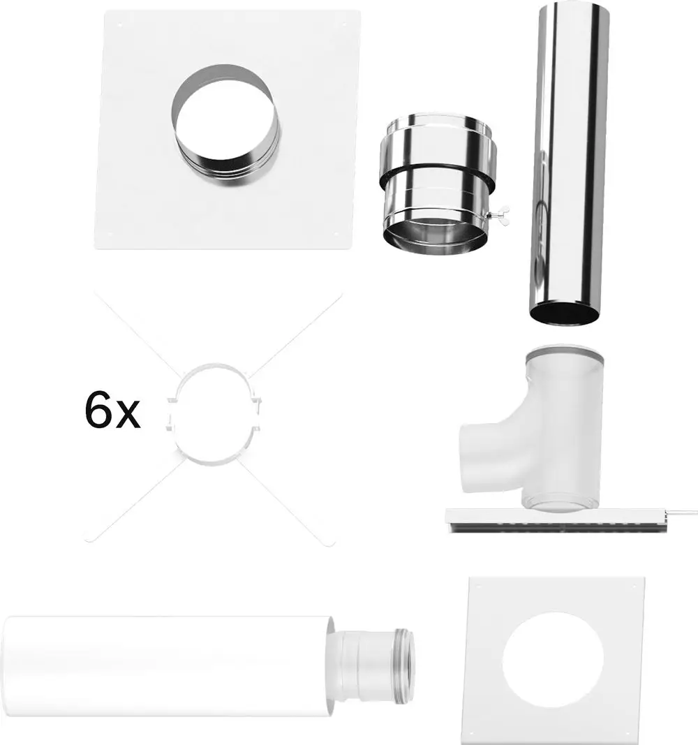 Diverse Komponenten für Abgasinstallation, einschließlich Rohre, Anschlüsse und Halterungen. Geeignet für Anwendungen wie bei Bosch Heizsystemen.